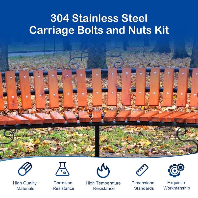 MroMax 1/4-20 x 3 Carriage Bolt Kit, 14 Sets Carriage Screws with Hex Nuts and Flat Washers, Stainless Steel 18-8(304) Round Head Square Neck Screw, Fully Threaded, Coarse - Image 2